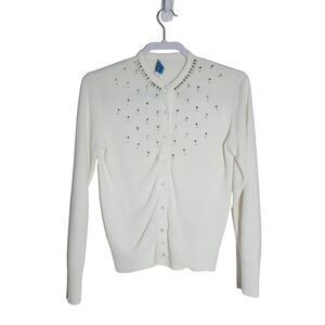 Vintage Lerner Shops Womens Orlon Cardigan Size S White Crystals Faux-Pearls